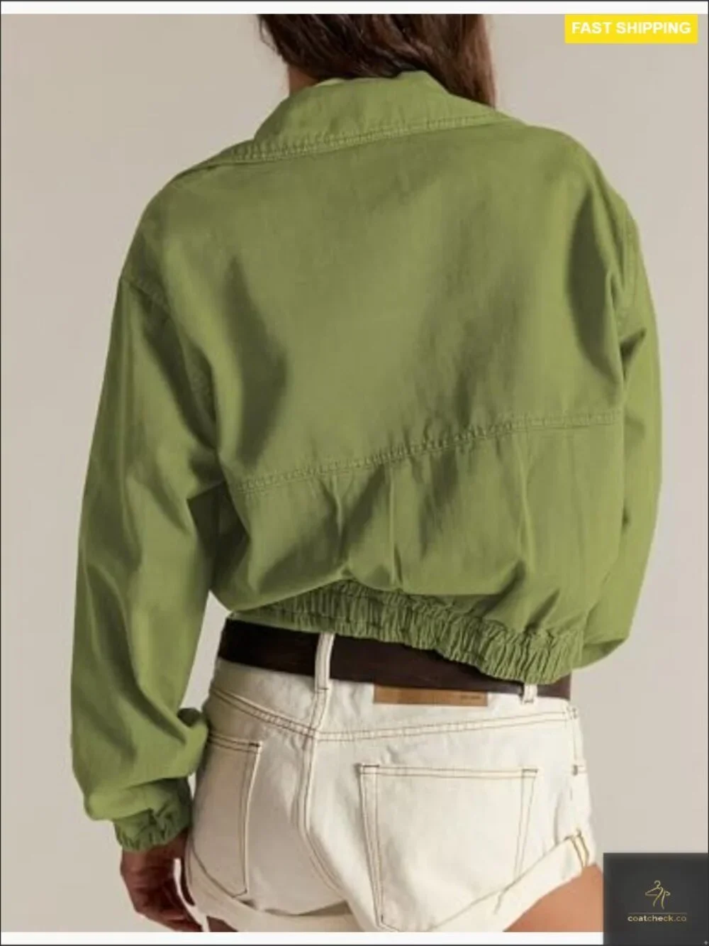 Cropped Bomber Jacket Lightweight Zip Front Pockets Long Sleeve Casual Spring_2